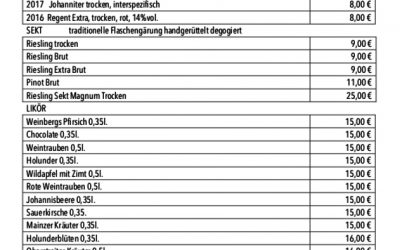 Preisliste Wein Sekt Likör